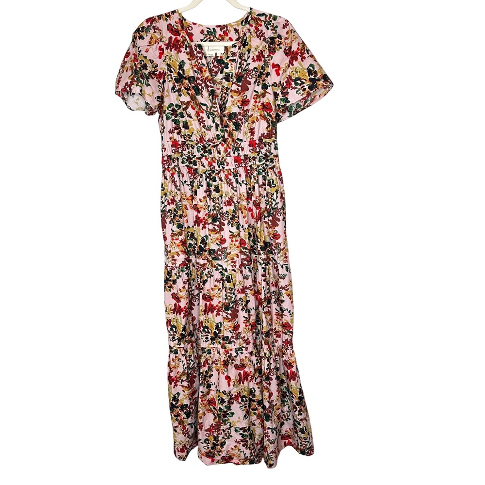 Anthropologie Women's Somerset Pink Floral Midi‎ Dress Size Small Tiered - Picture 2 of 13